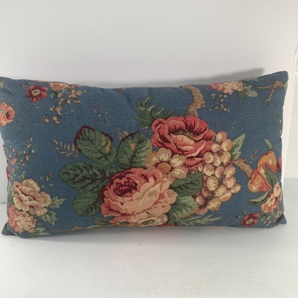 Unbranded Blue Pillow Pink Roses Plaid Ruffle Button Detail 19" X 11" - Picture 2 of 6